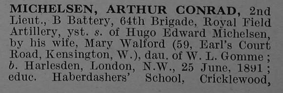 Michelson A C 2nd Lt Royal Field Artillery Obt Part 1 De Ruvignys Roll Of Honour Vol 4