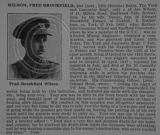 Wilson F B 2nd Lt 12th York & Lancaster Regiment Obit De Ruvignys Roll Of Honour Vol 4