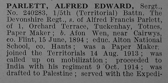 Parlett A E Sergt 240283 5th Devonshire Regiment Obit Part 1 De Ruvignys Roll Of Honour Vol 4