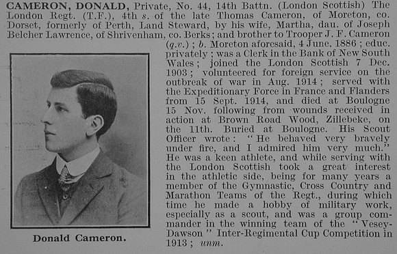 Cameron D Pte 44 14th London Regiment (London Scottish) Obit