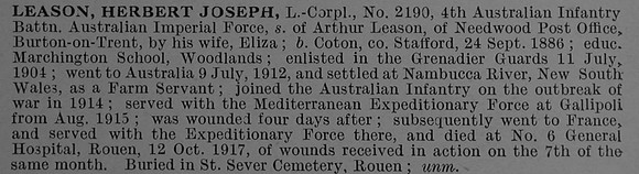 Leason H J L/Cpl 2190 4th Australian Infantry Obit De Ruvignys Roll Of Honour Vol 4