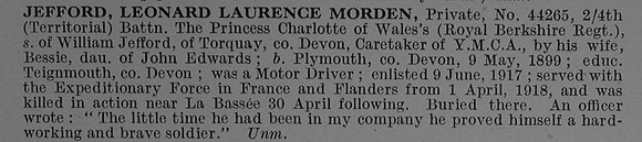 Jefford L L M Pte 44265 4th Royal Berkshire Regiment Obit De Ruvignys Roll Of Honour Vol 4