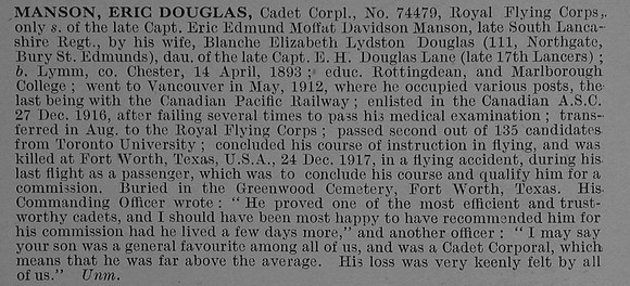 Manson E D Cadet Corporal 74479 Royal Flying Corps Obit De Ruvignys Roll Of Honour Vol 4