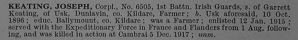 Keating J Cpl 6505 1st Irish Guards Short Obit De Ruvignys Roll Of Honour Vol 4
