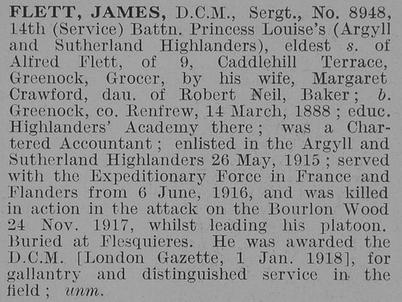 Flett J Sergt DCM 14th Argyll & Sutherland Highlanders Obit De Ruvignys Roll Of Honour Vol 3