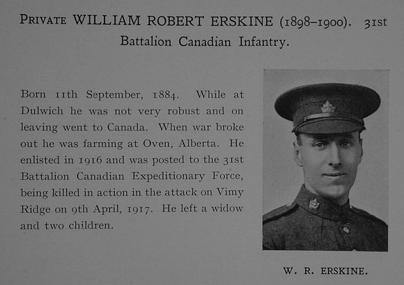 Erskine W R Pte 696786 31st Canadian Infantry (Alberta Regiment) Obit  Dulwich College Roll Of Honour