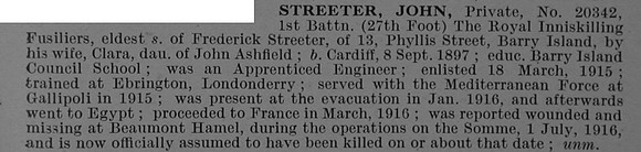 Streeter J Pte 20342 1st Royal Inniskilling Fusiliers Obit De Ruvignys Roll Of Honour Vol 4