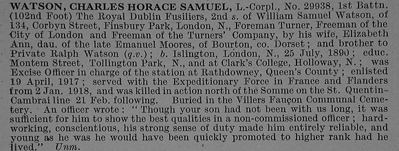 Watson C H S L/Cpl 29938 1st Royal Dublin Fusiliers Obit De Ruvignys Roll Of Honour Vol 4