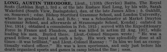 Long A T Lt 10th Royal Scots Obit De Ruvignys Roll Of Honour Vol 4