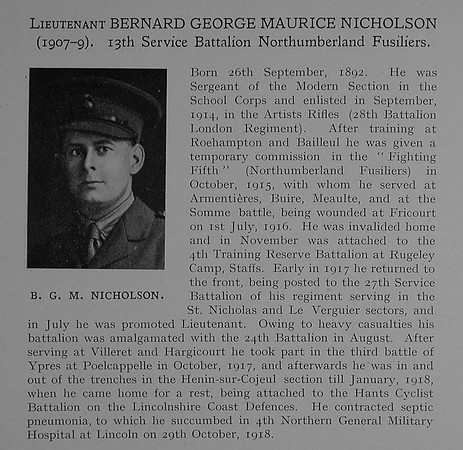 Nicholson B G M Lt 13th Northumberland Fusiliers Obit Dulwich College Roll Of Honour