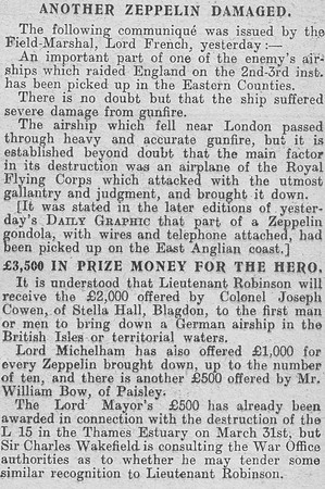 Robinson W L Lt RFC VC Zeppelin Destroyer Part 2 The Graphic 6th Sep 1916