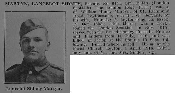 Martyn L S Pte 14th London Regiment Obit De Ruvignys Roll Of Honour Vol 3