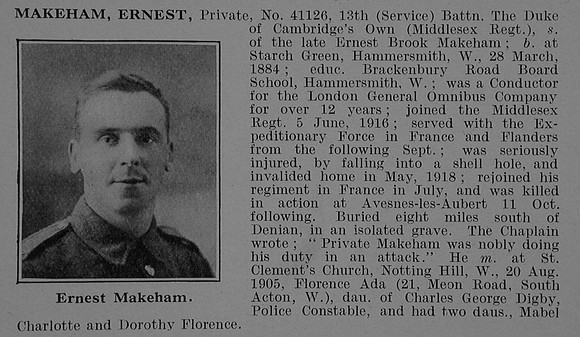 Makeham E Pte 41126 13th Middlesex Regiment Obit De Ruvignys Roll Of Honour Vol 5