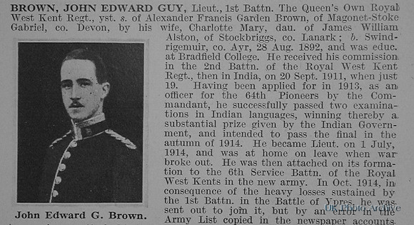 Brown J E G Lt 1st Royal West Kent Regiment Obituary Part 1 De Ruvignys Roll Of Honour Vol 1