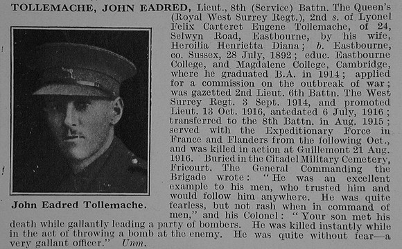 Tollemache J E Lt 8th The Queen's (Royal West Surrey Regiment) Obit De Ruvignys Roll Of Honour Vol 3