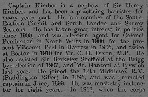 Kimber E G Captain DSO 13th London Regiment Part 2 The Graphic 8th July 1915