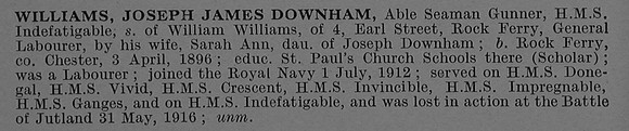 Williams J J D AB Gnr J-18874 HMS Indefatigable Royal Navy Obit De Ruvignys Roll Of Honour Vol 4