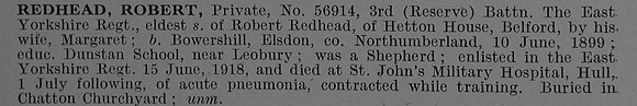 Redhead R Pte 56914 3rd East Yorkshire Regiment Obit De Ruvignys Roll Of Honour Vol 4