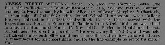 Meeks B W Sergt 7659 7th Bedfordshire Regiment Obit De Ruvignys Roll Of Honour Vol 4