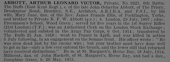 Abbott A L V Pte 9221 6th East Kent Regiment Obit De Ruvignys Roll Of Honour Vol 2