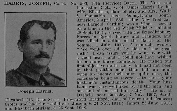 Harris J Cpl 503 13th York & Lancaster Regiment Obit De Ruvignys Roll Of Honour Vol 5
