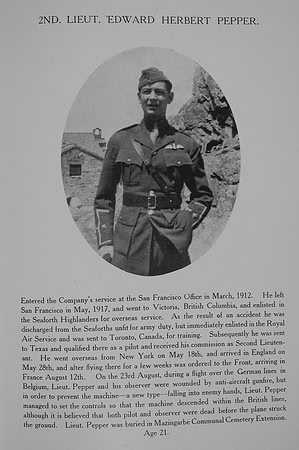 Pepper E H 2nd Lt Royal Air Force Northern Assurance Co War Record