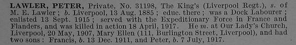 Lawler P Pte 31198 19th The King's (Liverpool Regiment) Short Obit De Ruvignys Roll Of Honour Vol 4