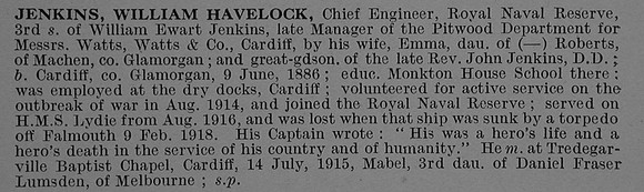 Jenkins W H Chief Engineer S.S. Lydie Mercantile Marine Obit De Ruvignys Roll Of Honour Vol 4