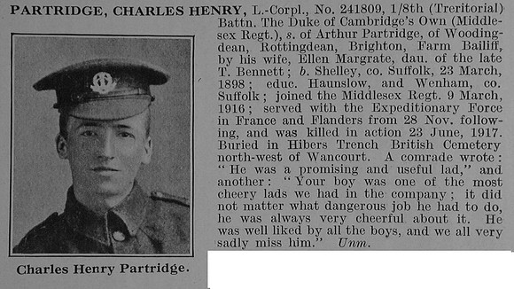 Partridge C H L/Cpl 8th Middlesex Regiment Obit De Ruvignys Roll Of Honour Vol 3