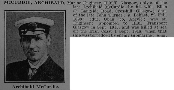 McCurdie A Fourth Engineer Officer S.S. City of Glasgow (Glasgow) Mercantile Marine Obit De Ruvignys Roll Of Honour Vol 4