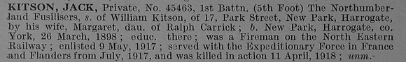 Kitson J Pte 45463 1st Northumberland Fusiliers Short Obit De Ruvignys Roll Of Honour Vol 4