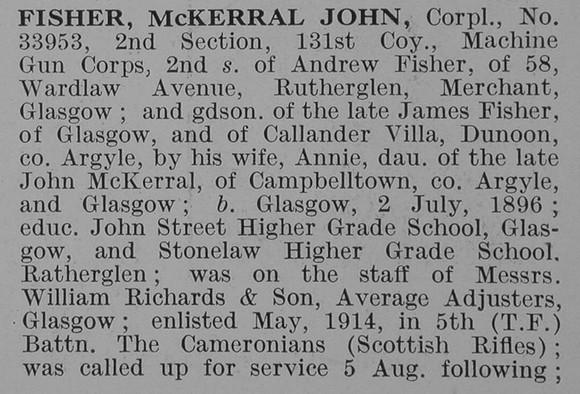 Fisher M J Cpl Machine Gun Corps Obit Part 1 De Ruvignys Roll Of Honour Vol 3