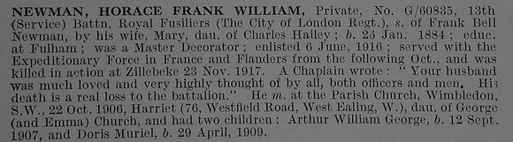 Newman H F W Pte G/60835 13th Royal Fuslilers Obit De Ruvignys Roll Of Honour Vol 4