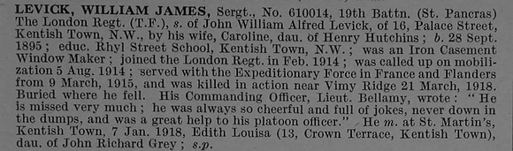 Levick W J Sergt 610014 19th London Regiment (St Pancras) Obit De Ruvignys Roll Of Honour Vol 4