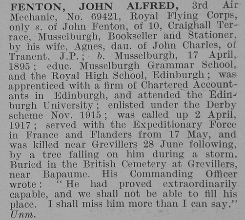 Fenton J A 3rd Air Mech Royal Flying Corps Obit De Ruvignys Roll Of Honour Vol 3
