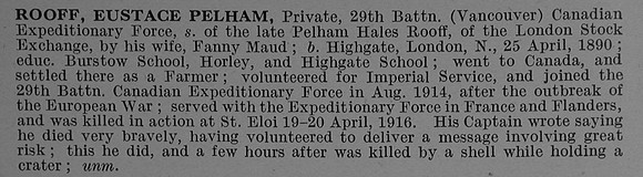 Rooff E P Pte 76319 29th Canadian Infantry (British Columbia Regiment) Obit De Ruvignys Roll Of Honour Vol 4