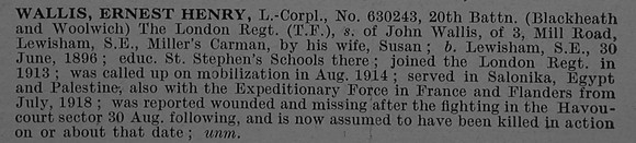 Wallis E H L/Cpl 630243 20th London Regiment Obit De Ruvignys Roll Of Honour Vol 4