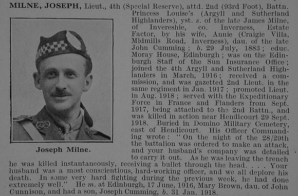Milne J Lt 4th Attd 2nd Argyll & Sutherland Highlanders Obit De Ruvignys Roll Of Honour Vol 5