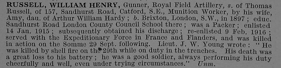 Russell W H Gnr Royal Field Artillery Obit De Ruvignys Roll Of Honour Vol 4