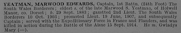 Yeatman M E Captain 1st South Wales Borderers Short Obit De Ruvignys Roll Of Honour Vol 4