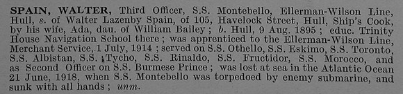 Spain W Third Mate S.S. Montebello (Hull) Mercantile Marine Obit De Ruvignys Roll Of Honour Vol 4