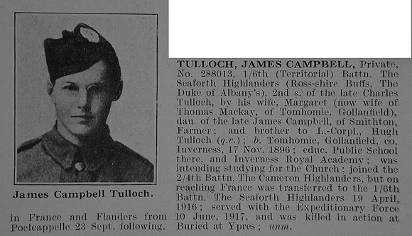 Tulloch J C Pte 288013 6th Seaforth Highlanders Obit De Ruvignys Roll Of Honour Vol 3
