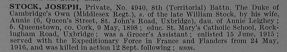 Stock J Pte 4940 8th Middlesex Regiment Obit De Ruvignys Roll Of Honour Vol 4