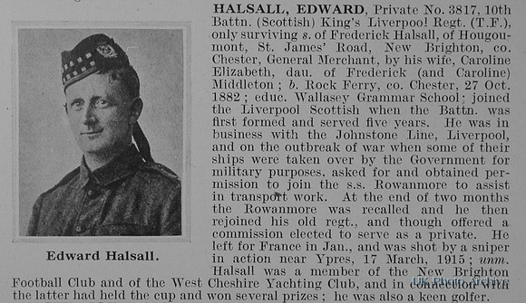 Halsall E Pte 3817 10th Kings Liverpool Regiment Obit