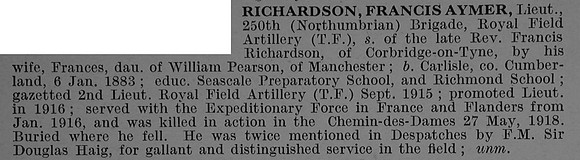 Richardson F A Lt Royal Field Artillery Obit De Ruvignys Roll Of Honour Vol 4