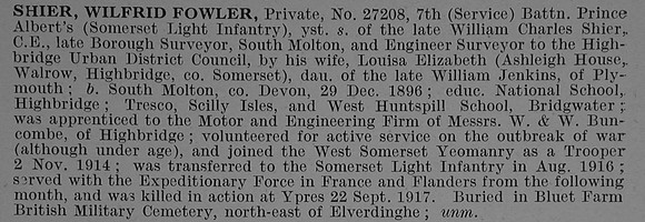 Shier W F Pte 27208 7th Somerset Light Infantry Obit De Ruvignys Roll Of Honour Vol 4