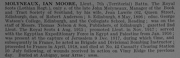 Molyneaux I M Lt 7th Royal Scots Obit De Ruvignys Roll Of Honour Vol 4