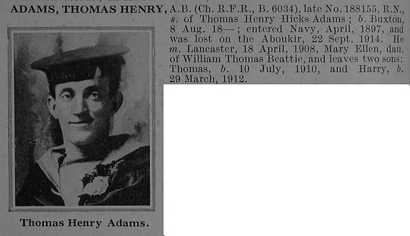 Adams T H Ab 188155 H.M.S. Aboukir Royal Navy Obit De Ruvignys Roll Of Honour Vol 1