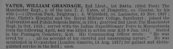Yates W G 2nd Lt 1st Manchester Regiment Obit De Ruvignys Roll Of Honour Vol 4