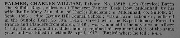 Palmer C W Pte 18212 11th Suffolk Regiment Obit De Ruvignys Roll Of Honour Vol 4